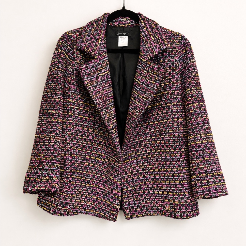 Slinky Brand Multicolor Tweed Open Front Blazer Jacket Pink Gold Black size M